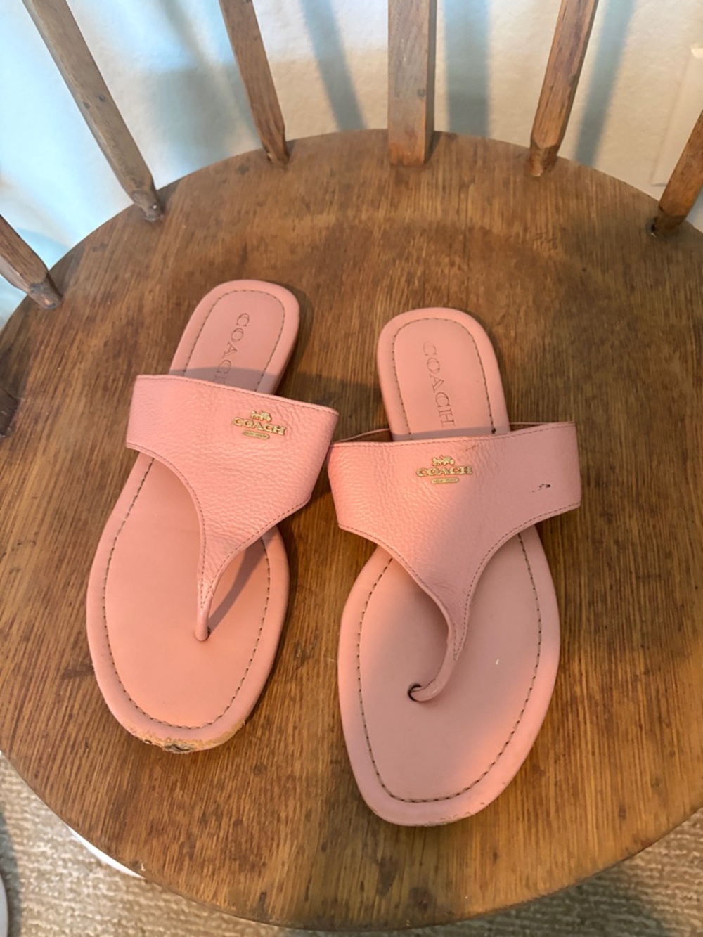 Coach Pink Pebbled Leather Thong Sandals with Gold Logo